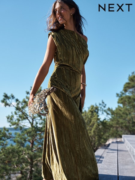 Olive Green - One Shoulder Ruched Crushed Velvet Midi Dress