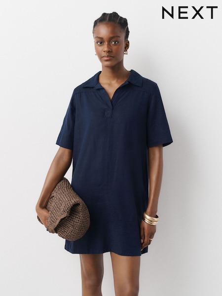 Navy Blue - Linen Rich Short Sleeve Mini Overhead Dress