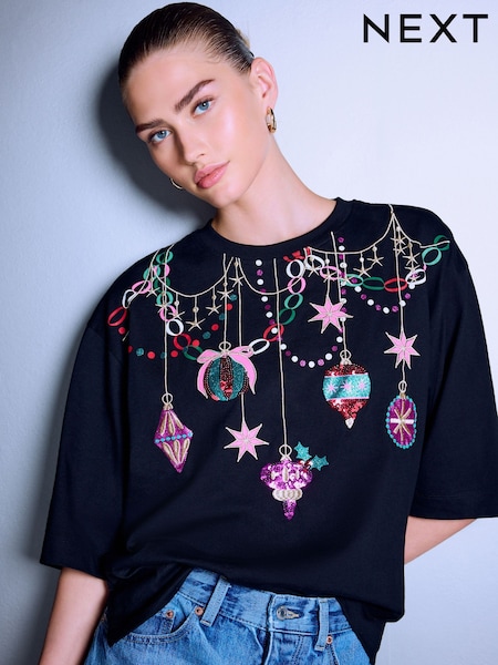 Berry Pink - Christmas Bequin Boxy Crew Neck T-shirt