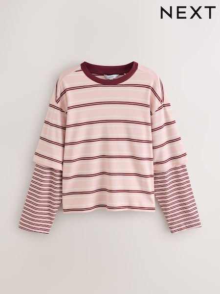 Pink Stripe - Relaxed Fit Layered Long Sleeve T-shirt