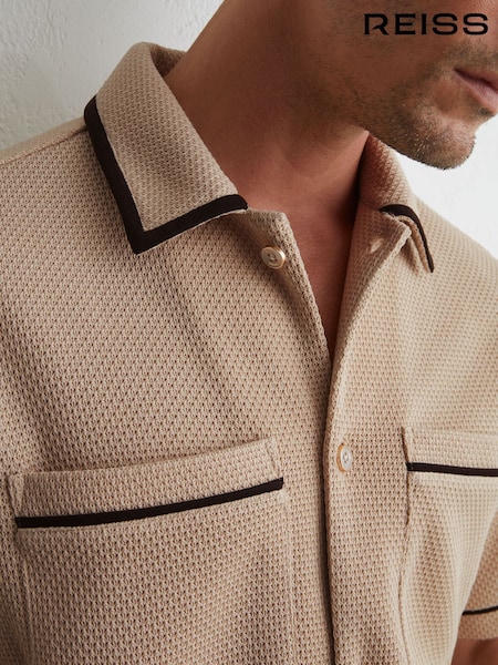 Stone - Regular Reiss Weaver Textured Piped Short-sleeve Shirt