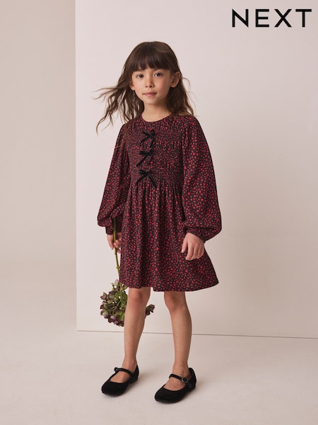 Red and Black Heart - Bow Detail Long Sleeve Dress (3-16yrs)