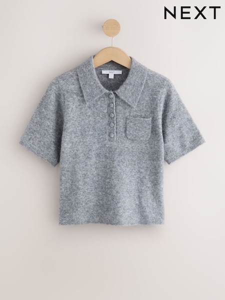 Grey - Short Sleeve Knitted Polo Top With Wool