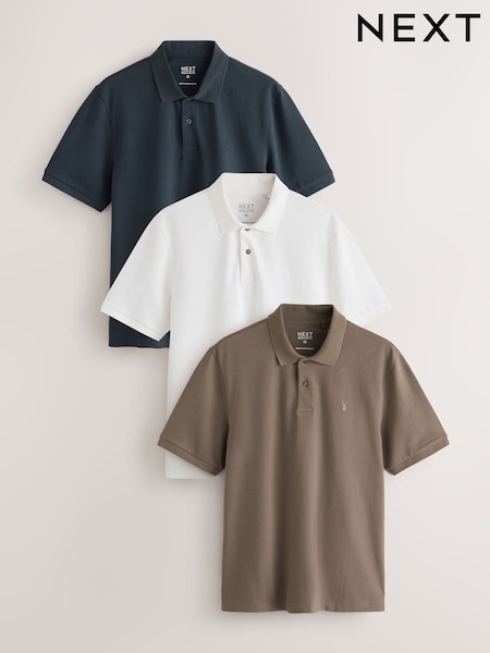 Navy/Brown/White - Regular Short Sleeve Pique Polo Shirts 3 Pack
