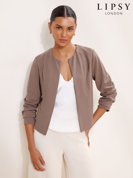 Taupe Brown - Lipsy Cropped Collarless Blazer