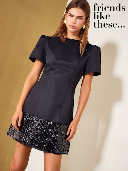 Black - Friends Like These Satin Short Sleeve Sequin Hem Mini Dress