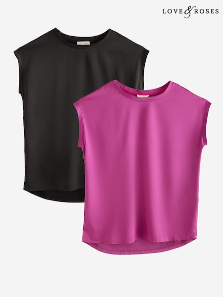 Black and Purple - Love & Roses Satin Front Jersey Back X2 Multipack T-shirts