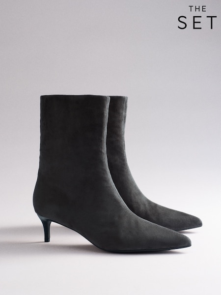 Grey Faux Suede - The Set Kitten Heel Ankle Sock Boots