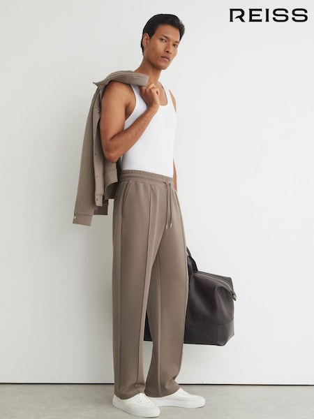 Mushroom Brown - Regular Reiss Form Sueded Interlock Jersey Straight-leg Joggers