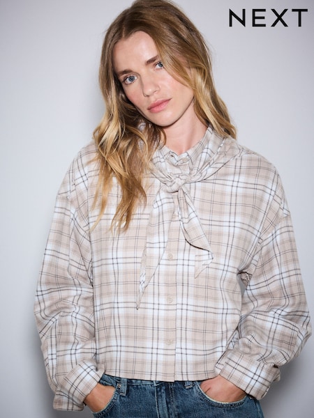 Grey/Blue Check - Cropped Flannel Shirt With Neck Scarf
