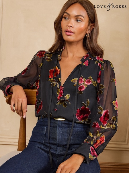 Black Floral - Love & Roses Burnout Notch Neck Long Sleeve Blouse