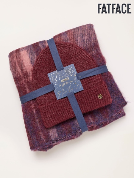 Burgundy Red - Fatface Check Scarf And Beanie Set