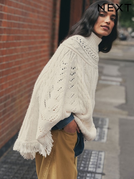 Ecru White - Knitted Long Cape Poncho With Tassels