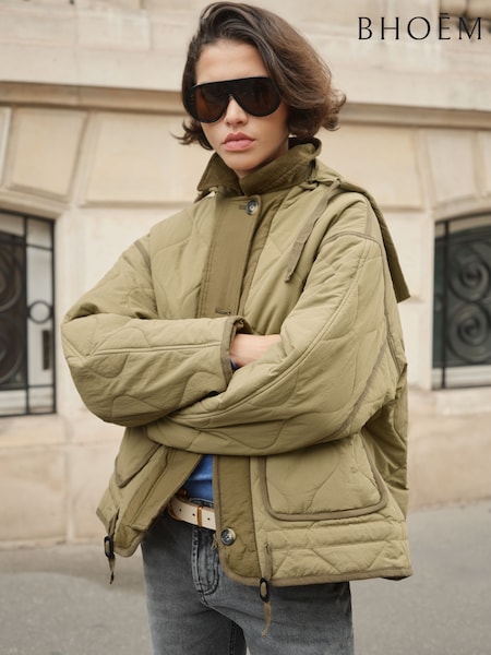 Khaki Green - Contrasted Quilted Padded Coat Removable Hoodie