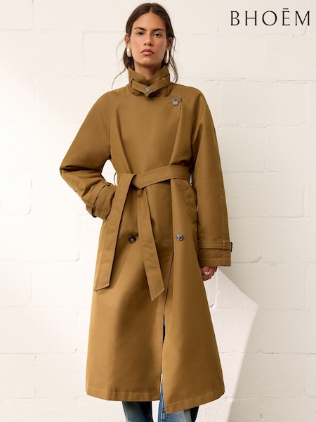 Toffee - Funnel Collar Oversized Belted Cotton Blend Trench Jacket