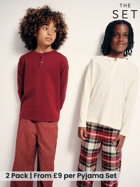 Red Check/Cream Stripe - The Set 2 Pack Long Sleeve Jersey T-shirts And Christmas Check Woven Bottom Pyjamas Set