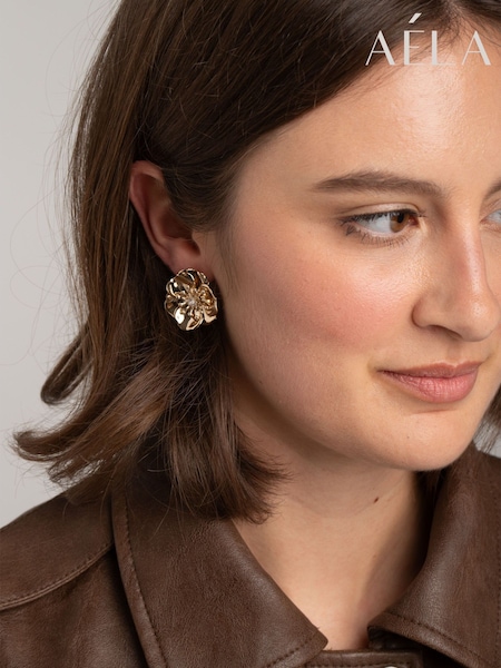 Gold Tone - Aela Gold Tone Rhinestone Flower Stud Earrings