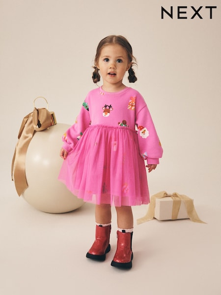 Bright Pink Christmas - Long Sleeve Sweat Mesh Dress (3mths-7yrs)