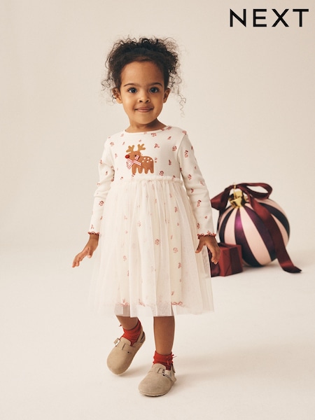 Cream Christmas Reindeer - Long Sleeve Ribbed Mesh Dress (3mths-7yrs)