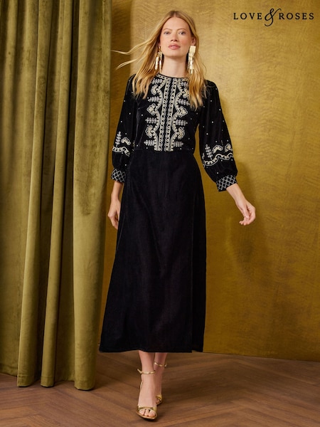 Black - Love & Roses Velvet Embroidered Midi Dress