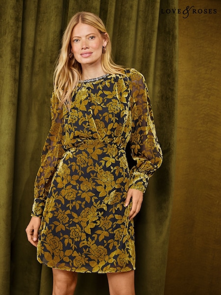 Ochre Yellow - Love & Roses Devore Embellished Neck Mini Dress