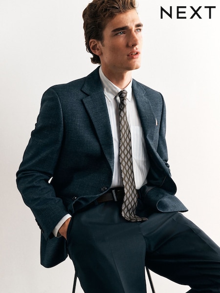 Navy Blue - Regular Fit Textured Blazer With Wool