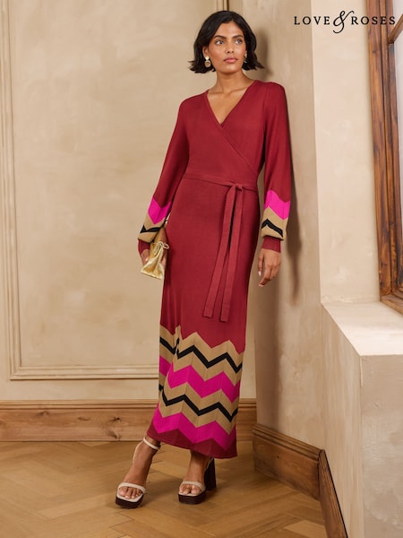 Rust Red - Love & Roses Wrap Front Zig Zag Striped Knitted Midi Dress