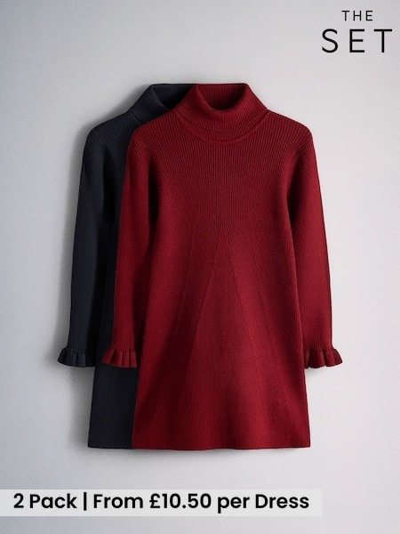 Red/Navy - The Set 2 Pack Knitted Long Sleeve Roll Neck Rib Dresses