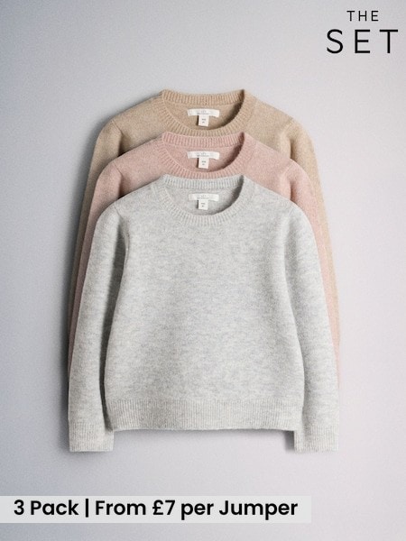 Pink Marl/Grey Marl/Oatmeal Marl - The Set 3 Pack Wool Blend Crew Neck Jumpers