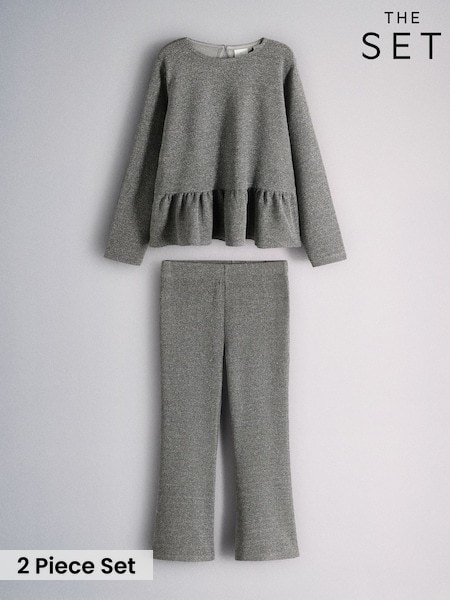 Silver Grey - The Set Sparkle Rib Jersey Long Sleeve Top And Flared Leggings Set