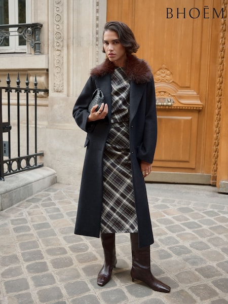 Navy - Wool Single Breasted Long Coat With Removable Fur Collar