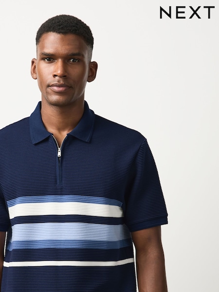 Navy Blue - Colour Block Textured Smart Zip Neck Polo Shirt