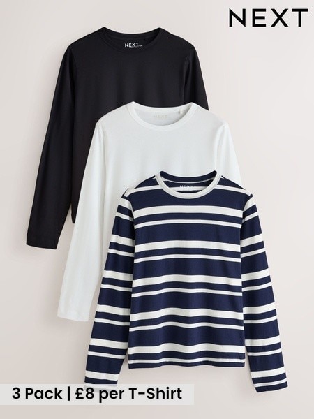 Black/White/Stripe - Long Sleeve Crew Neck T-shirts 3 Pack