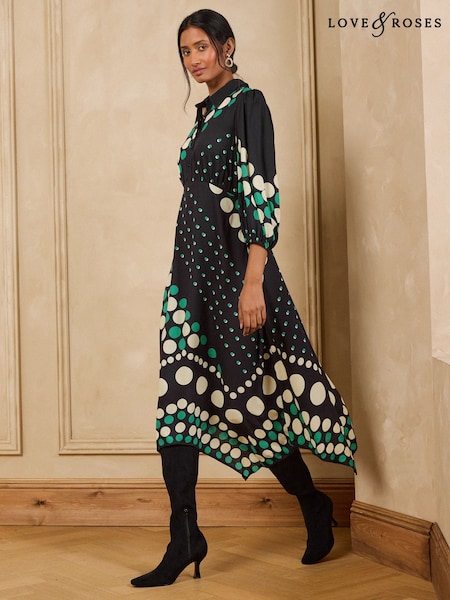 Green Spot Placement - Love & Roses Hanky Hem Shirt Midi Dress