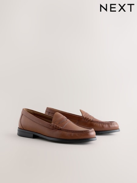 Tan/Brown - Standard Fit Leather Penny Loafers