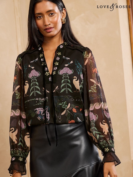 Black Floral Printed - Love & Roses Embellished Notch Neck Blouse