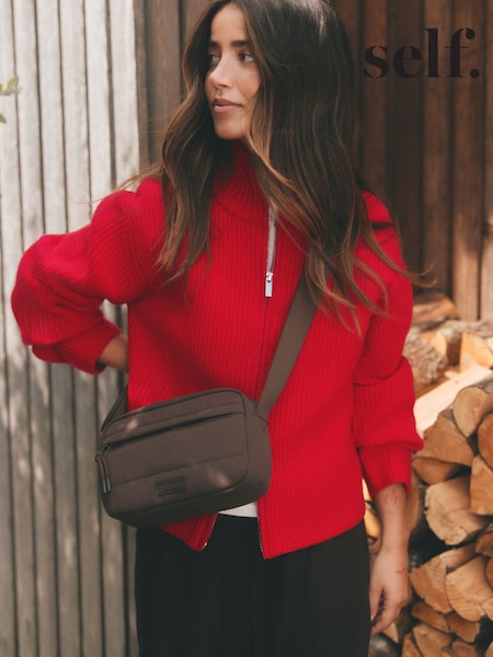 Red - Self. Knitted Zip Rib Cardigan