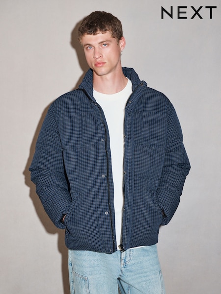 Navy/Grey - Regular Edit Micro Check Funnel Neck Puffer Jacket