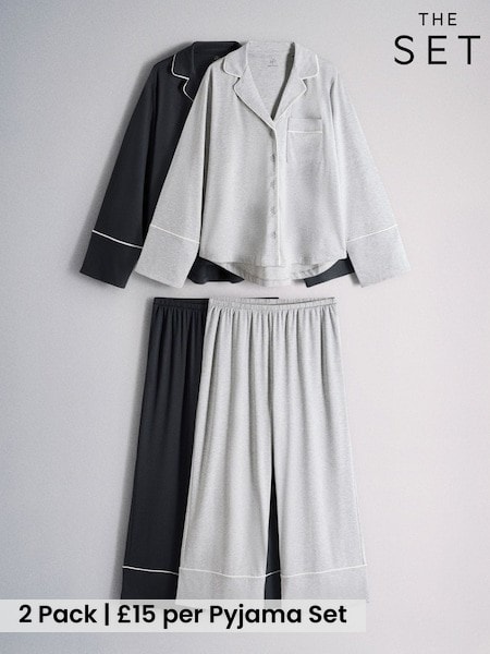 Grey Marl / Navy Blue - The Set 2 Pack Viscose Blend Button Through Long Pyjamas