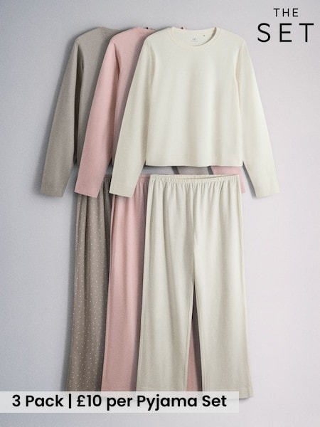 Pink/Taupe Stripe/Cream - The Set 3 Pack Long Sleeve Cotton Pyjamas
