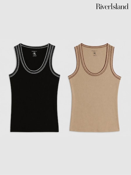 Black - River Island Sleeveless Whipstitch Tank Tops 2 Pack