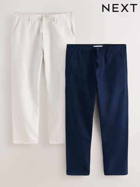 Navy/Ecru - Slim Fit Linen Blend Twill Trousers 2 Pack
