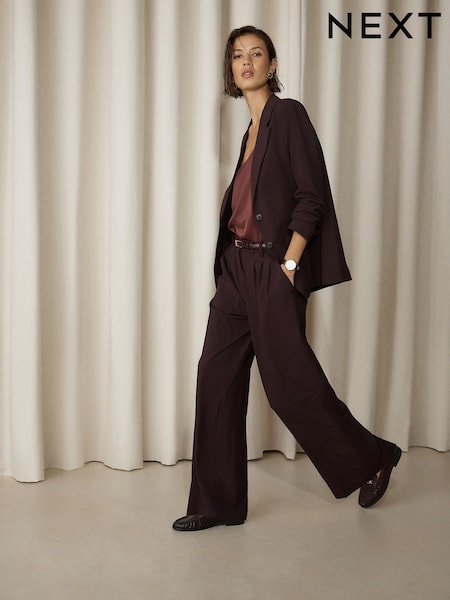 Burgundy Red - Tailored Wide Leg Trousers With Wool