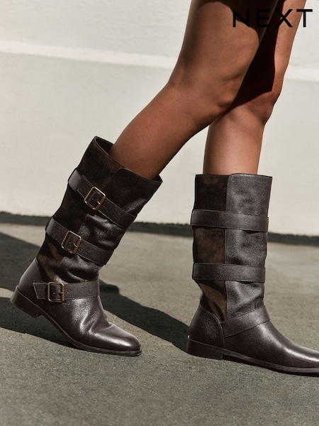 Brown - Forever Comfort® Pirate Knee High Pull On Leather Boots