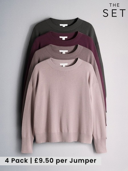 Grey - The Set 4 Pack Fine Knitted Crew Neck Jumpers
