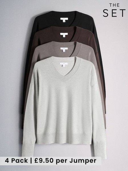 Black - Ganache/Brown - Cinder/Grey Marl - The Set 4 Pack Fine Knit V-neck Jumpers