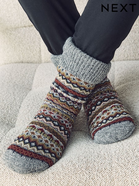 Navy/Grey Fairisle - Regular Slipper Socks With Grippers 1 Pack