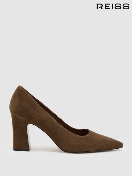 Khaki - Reiss Louisa Suede Block-heel Court Shoes