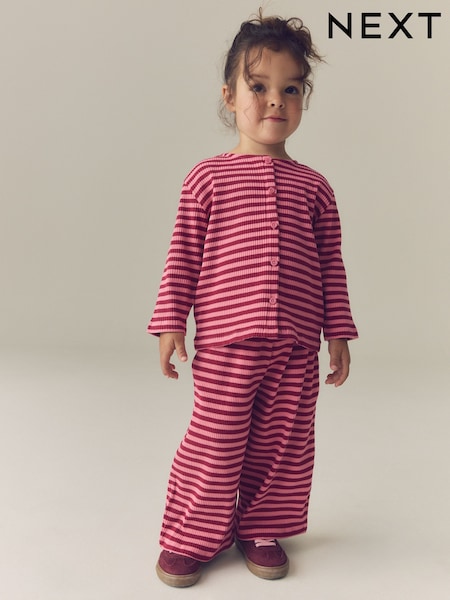 Pink Stripe - Ribbed Cardigan And Wide Leg Trousers Set (3mths-7yrs)