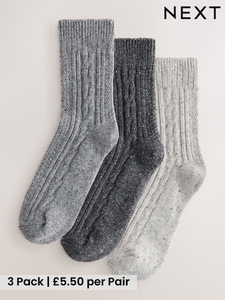Grey Tonal - Thermal Wool Blend Cable Knit Ankle Socks 3 Pack